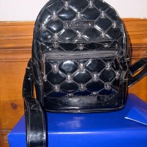 Rock Rebel Gothic Skull Mini Backpack Black Patent Vinyl Spiderweb Emo Y2K